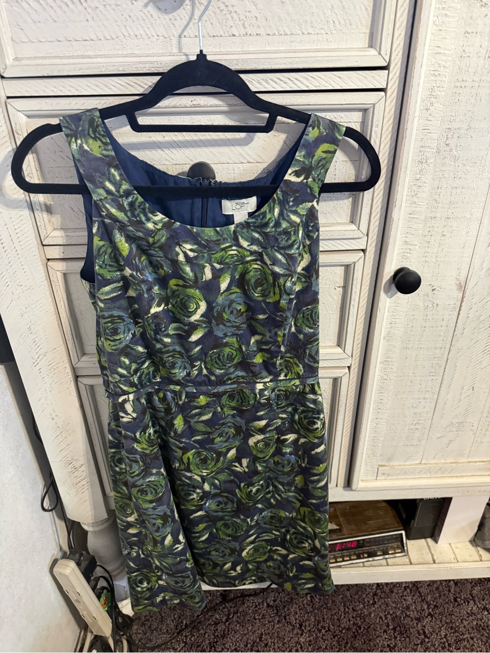 LOFT Navy and Green Floral Fit-and-Flare Dress